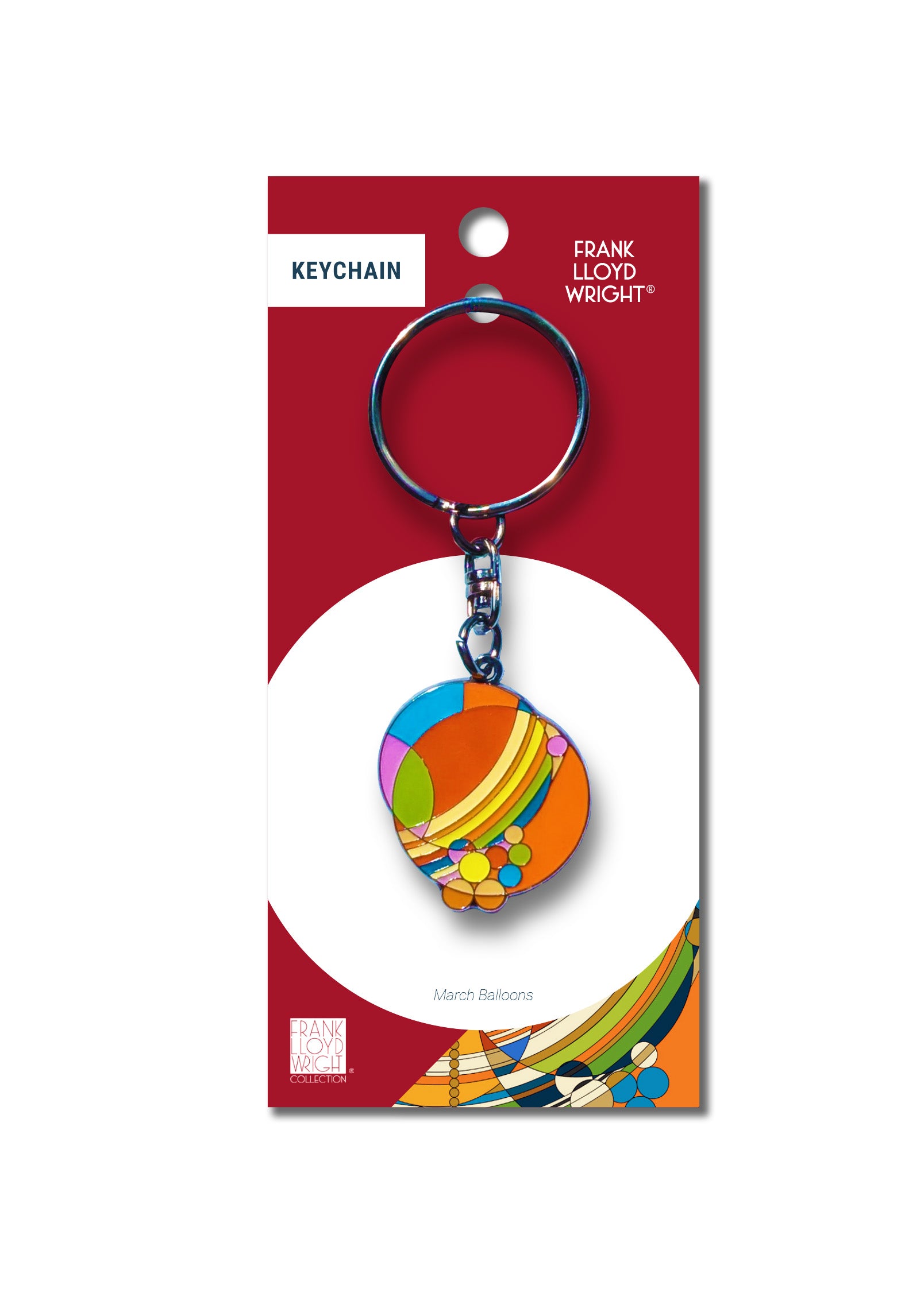 Colorful keychain on a red and white packaging with 'Frank Lloyd Wright' branding.