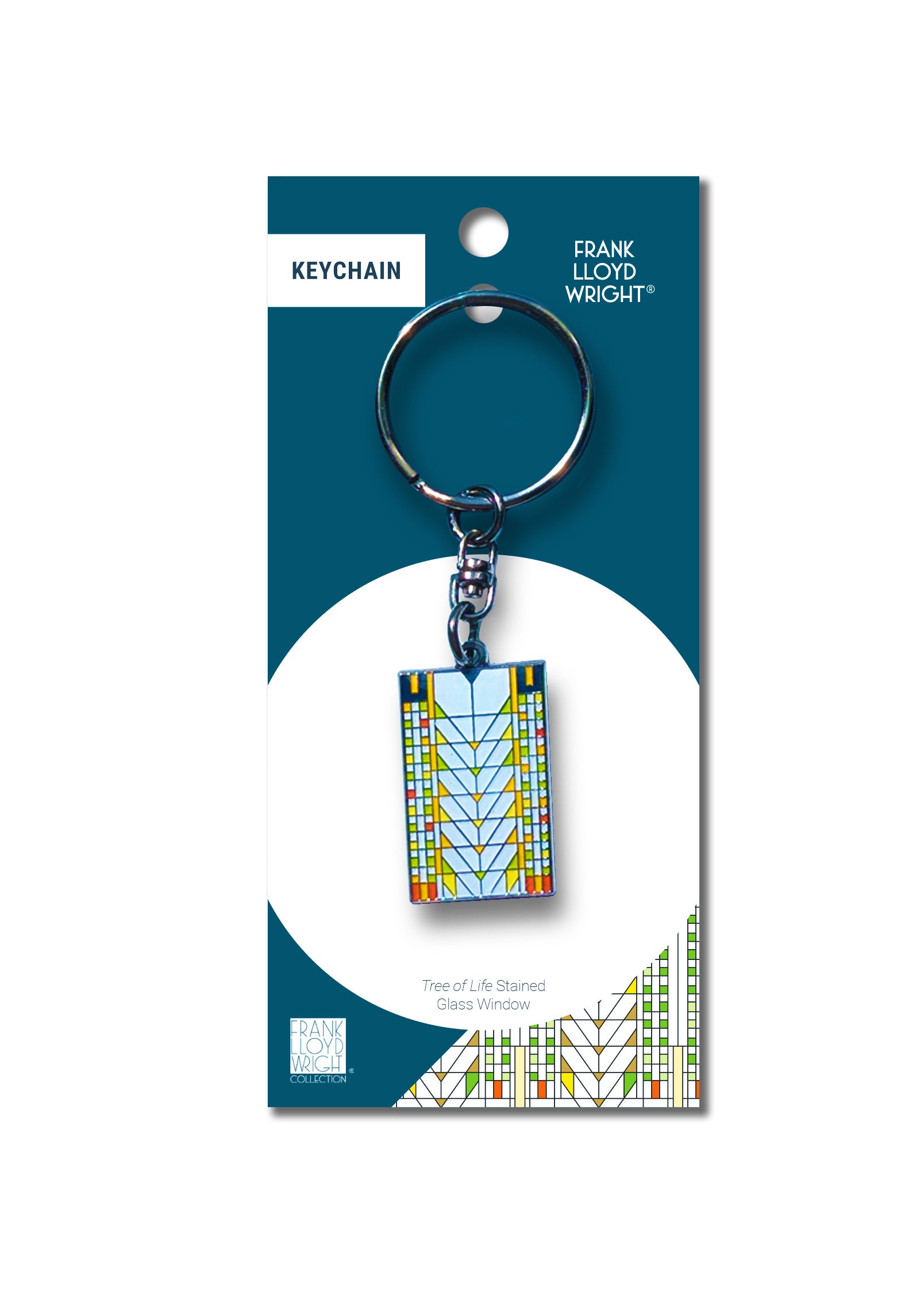 Keychain packaging with a geometric design on a white background