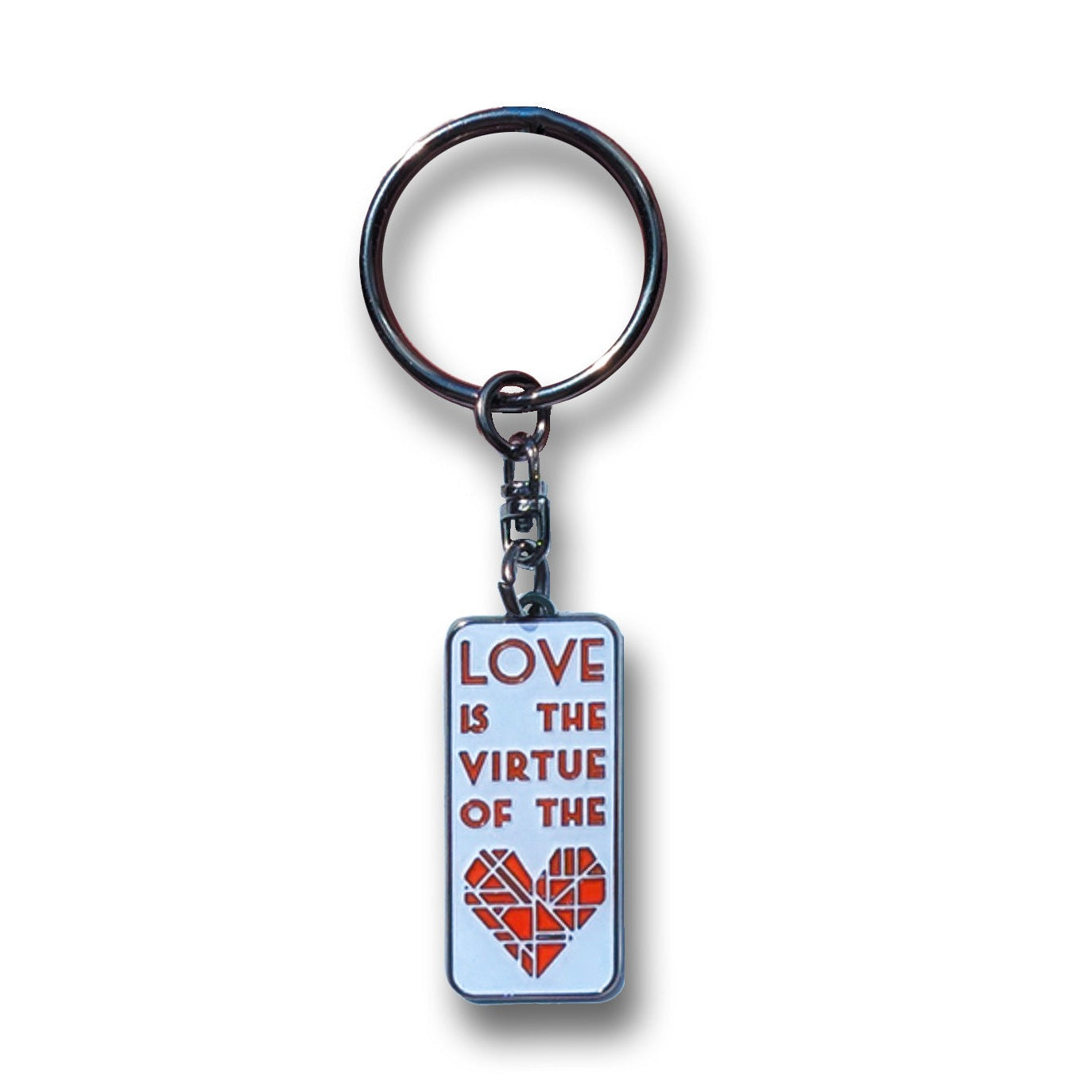 Keychain with text and heart design on a white background