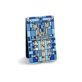Blue and white patterned magnetic bookmark on a white background