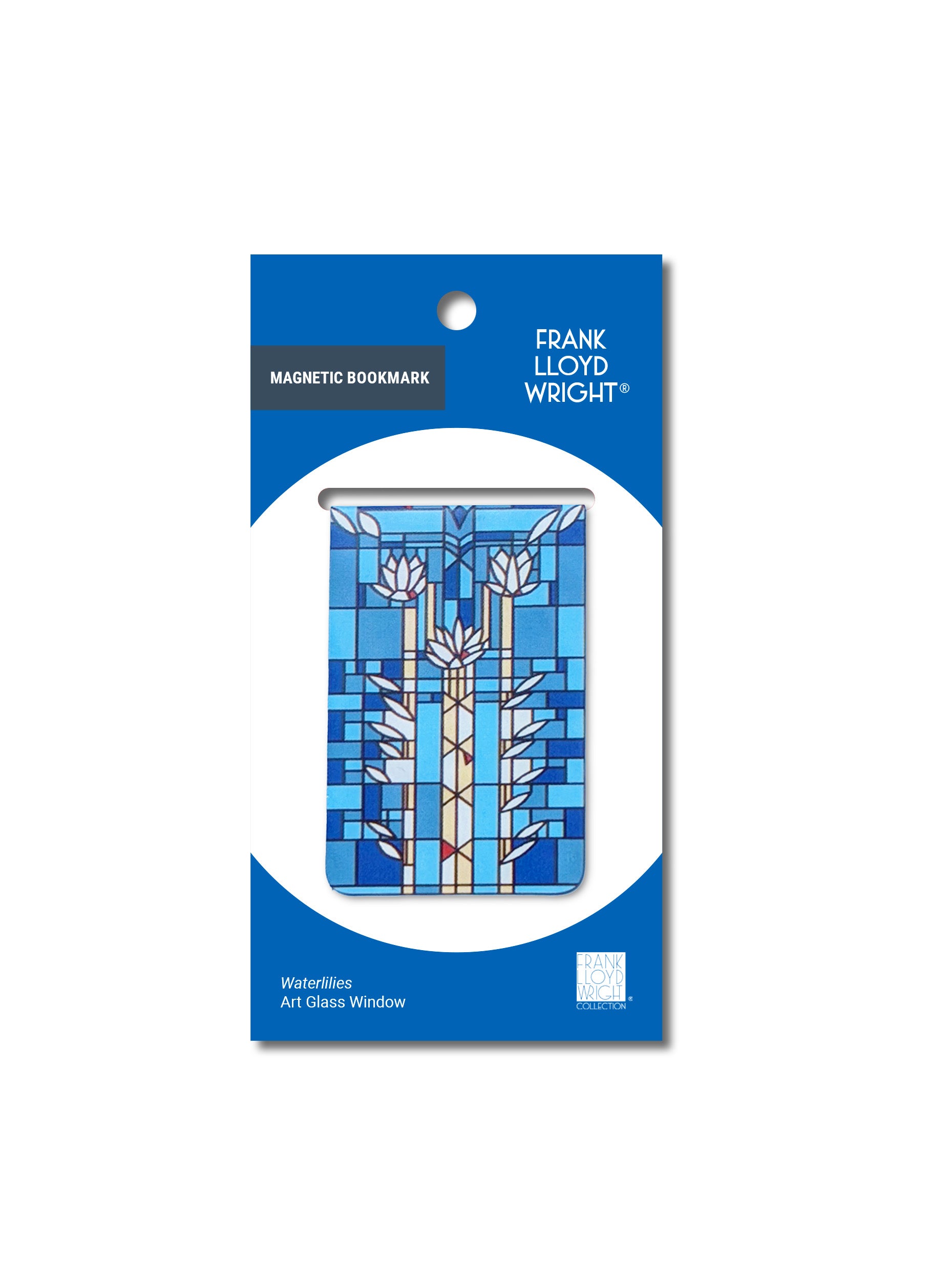 Magnetic bookmark packaging with Frank Lloyd Wright design on a white background