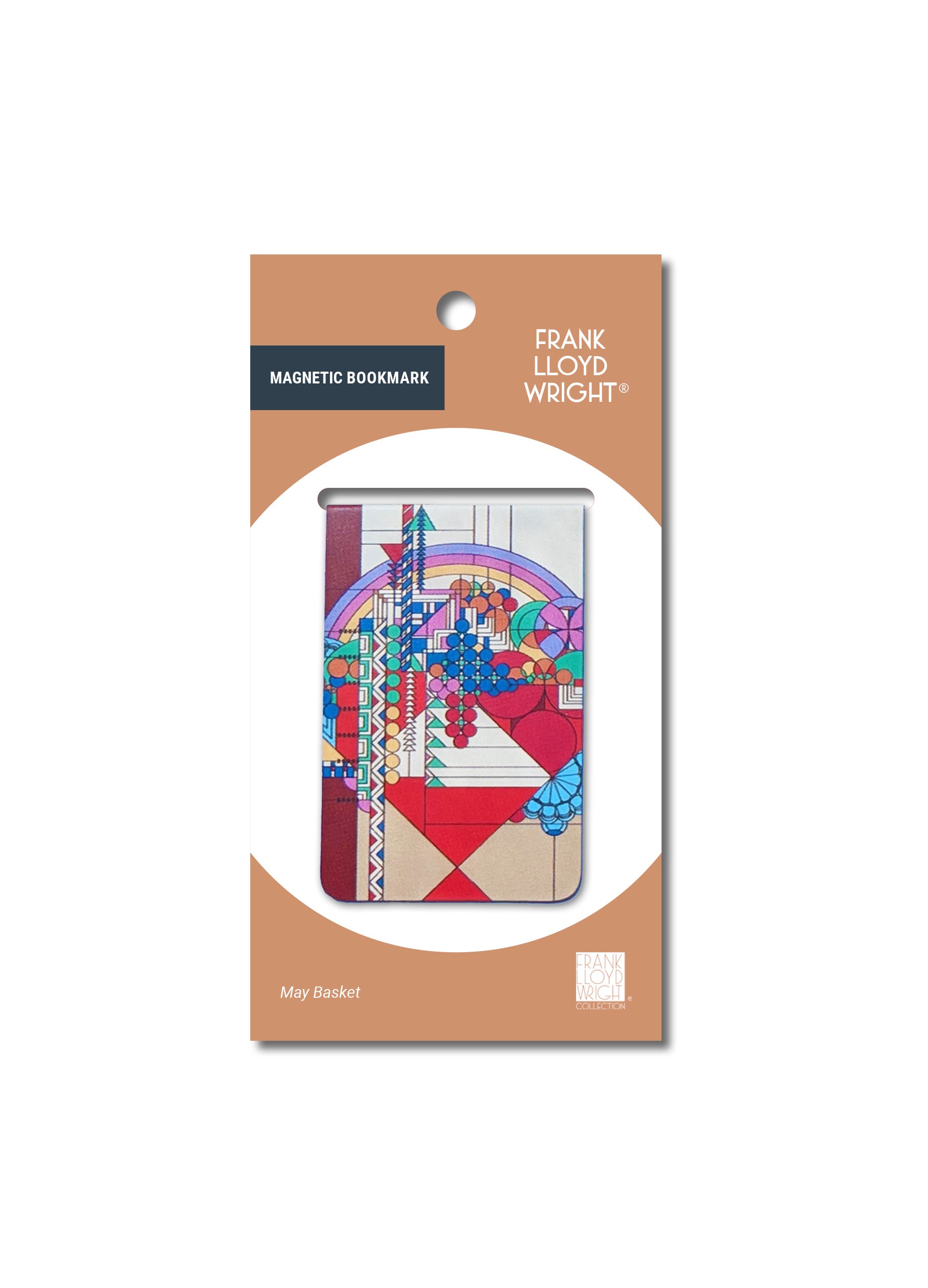 Magnetic bookmark packaging with geometric design on a white background