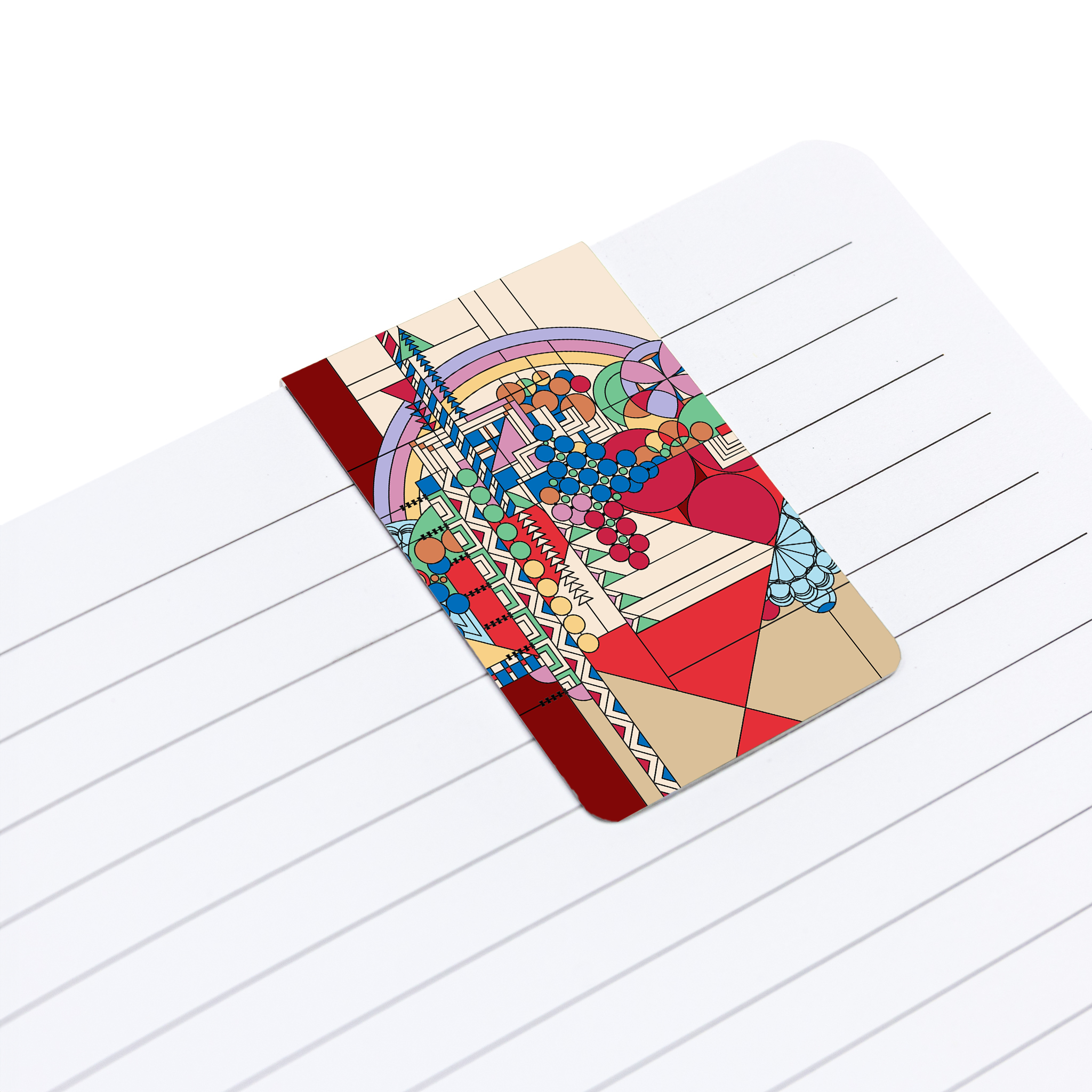 Colorful magnetic bookmark with intricate design on lined paper