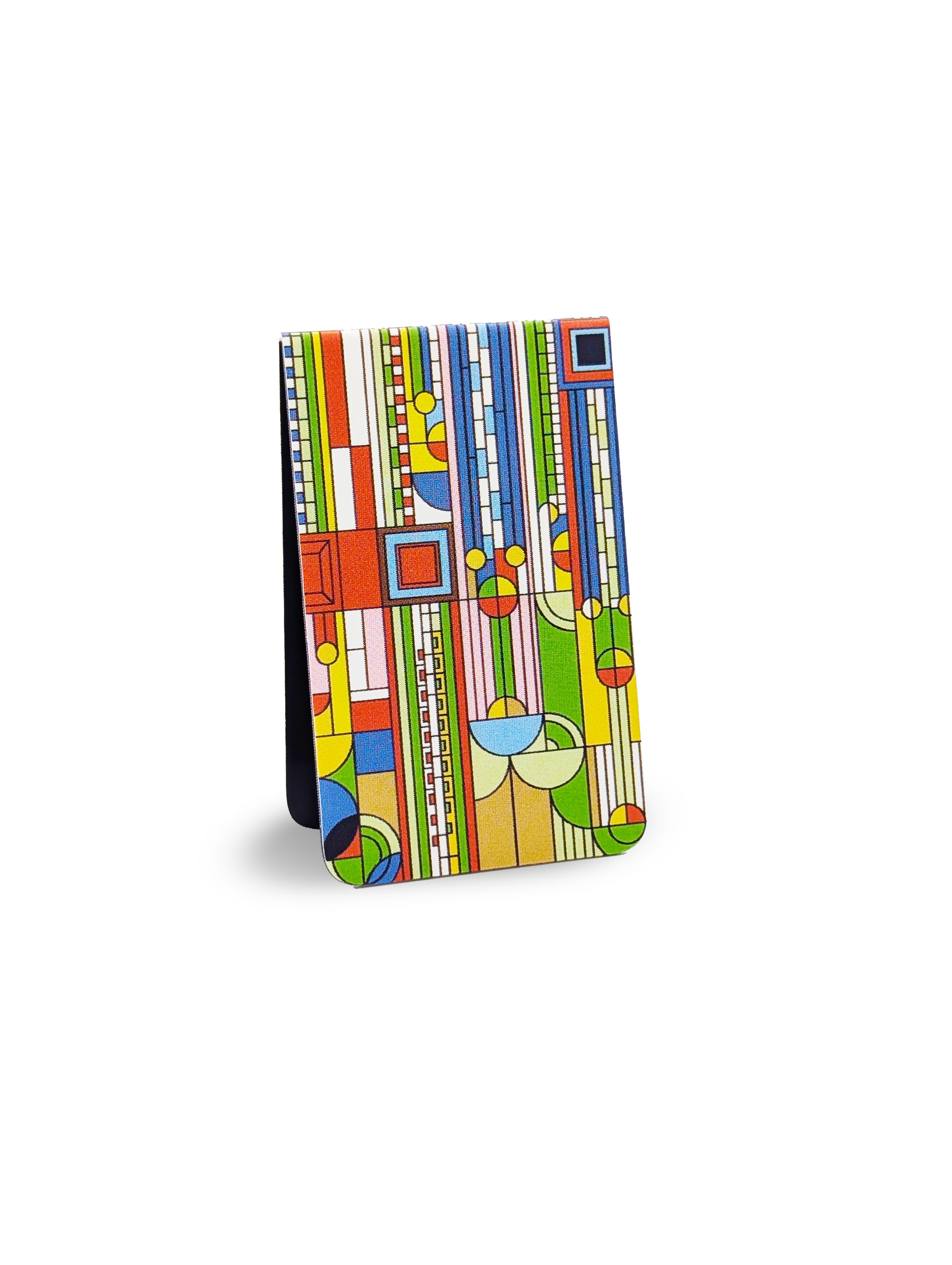 Colorful geometric patterned magnetic bookmark on a white background