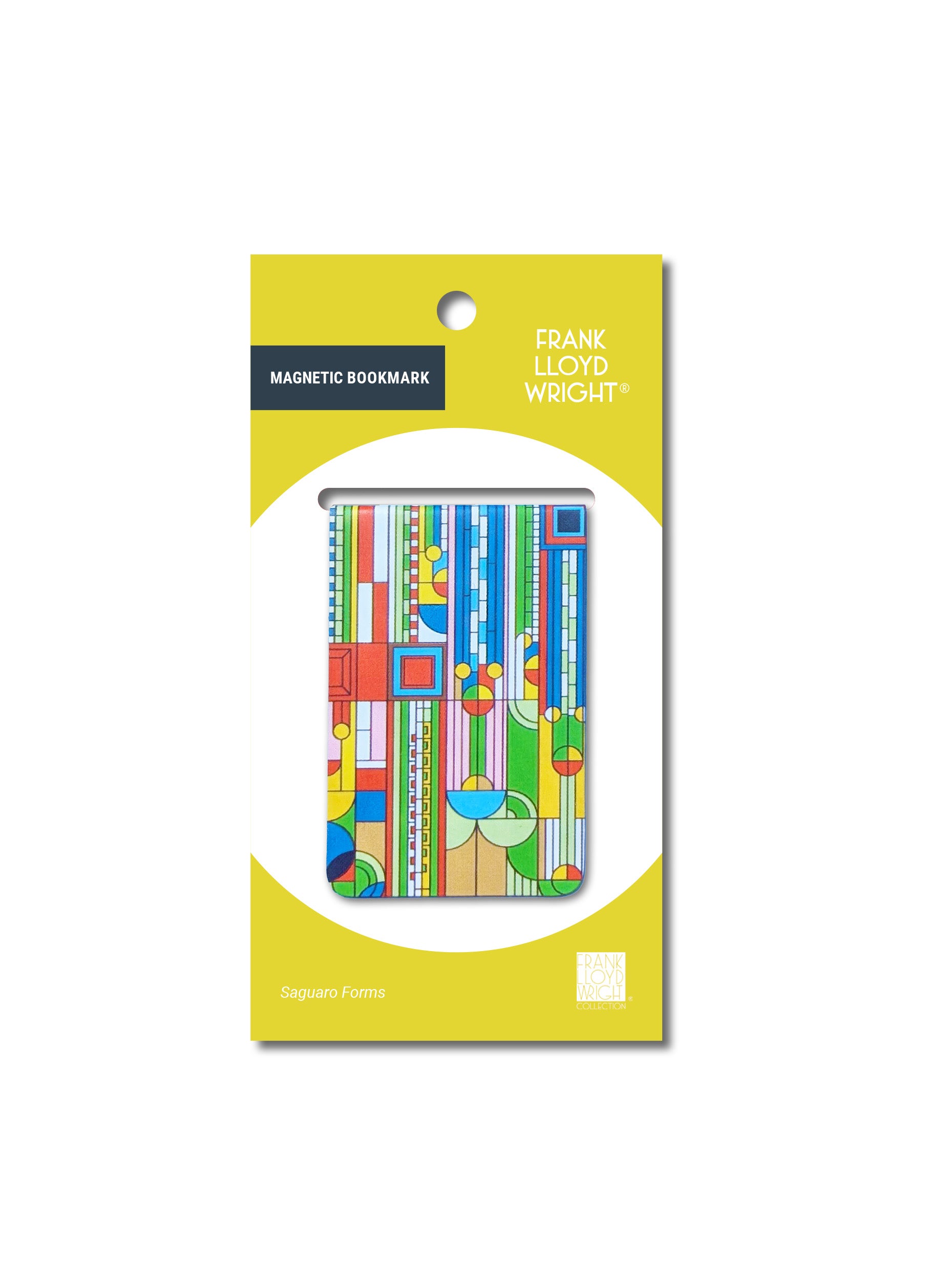 Magnetic bookmark with colorful design on a yellow packaging