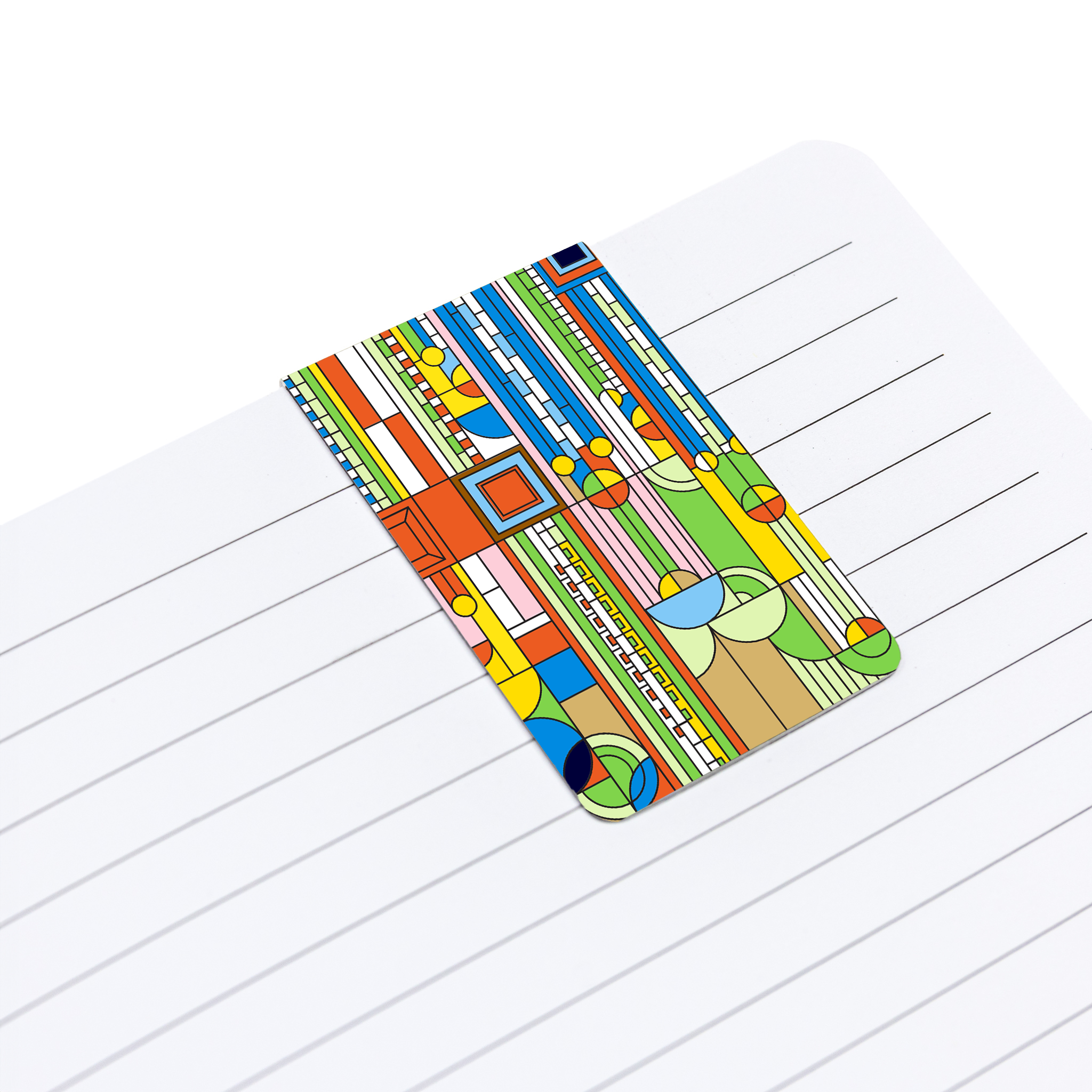 Colorful geometric design on a magnetic bookmark on lined paper