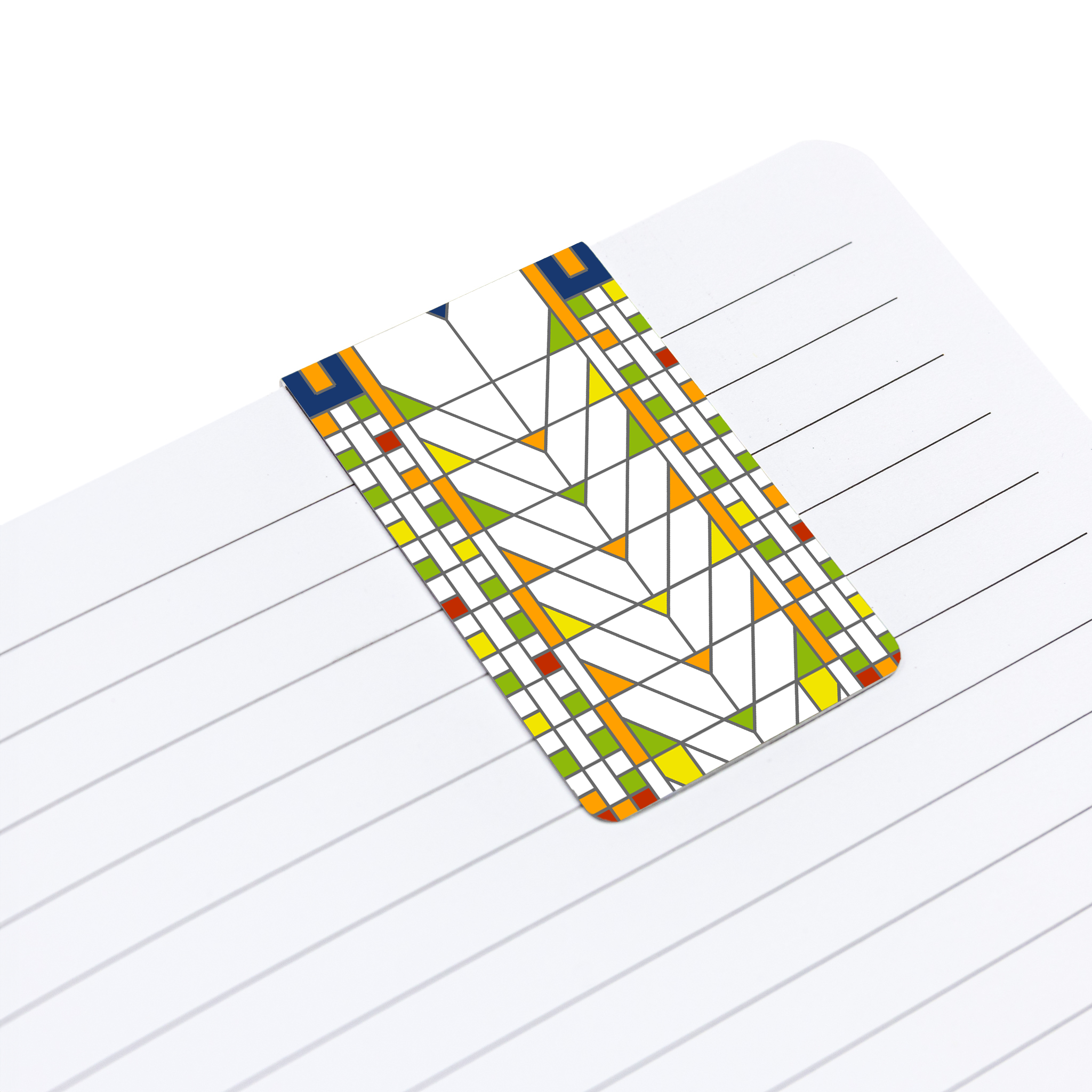 Colorful geometric designed magnetic bookmark on lined paper