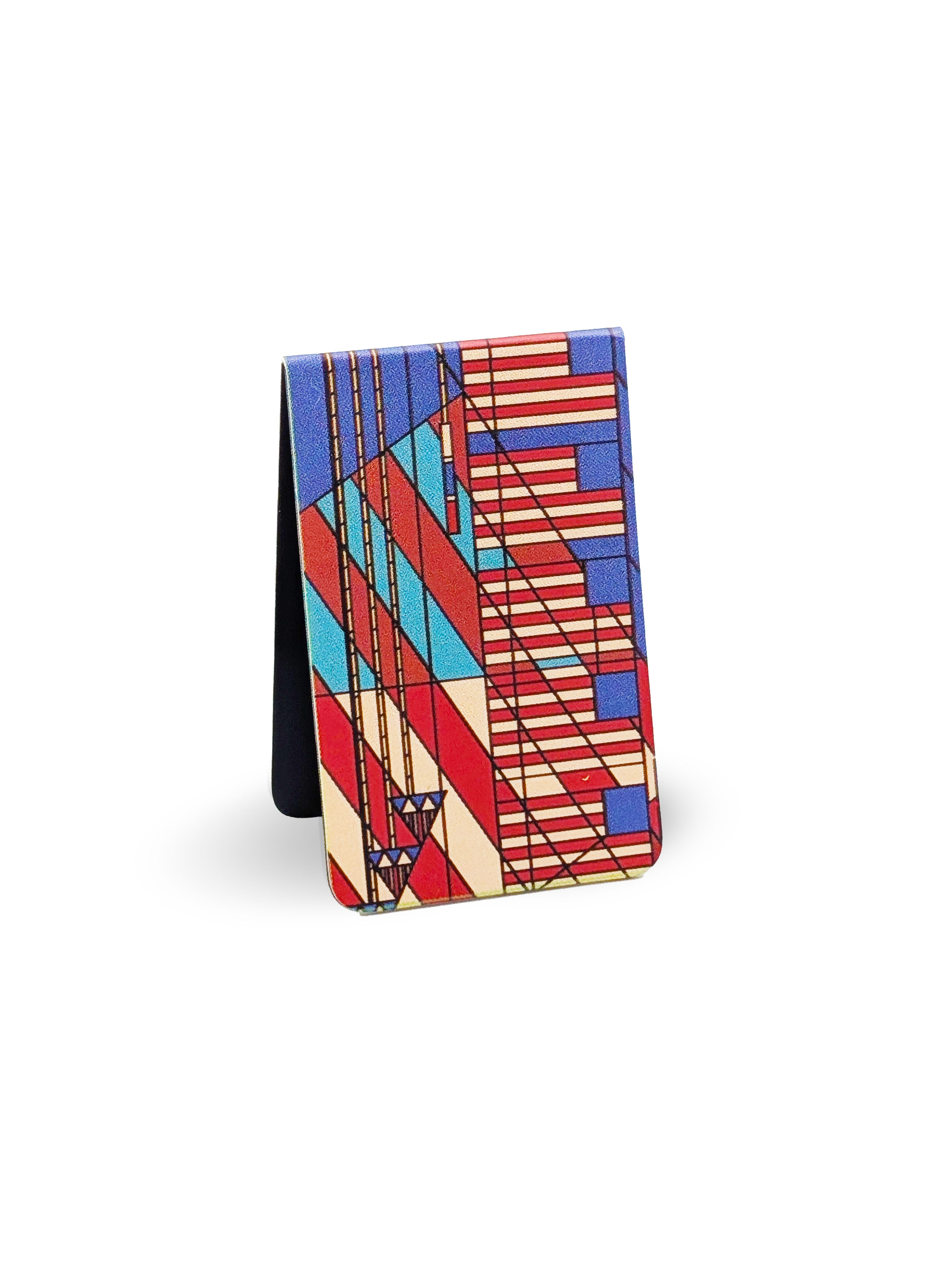 Colorful geometric patterned magnetic bookmark on a white background