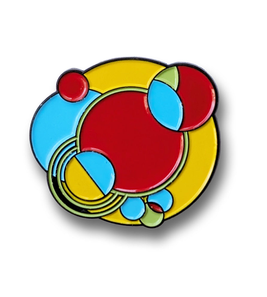 Pin with colorful circular design on a white background