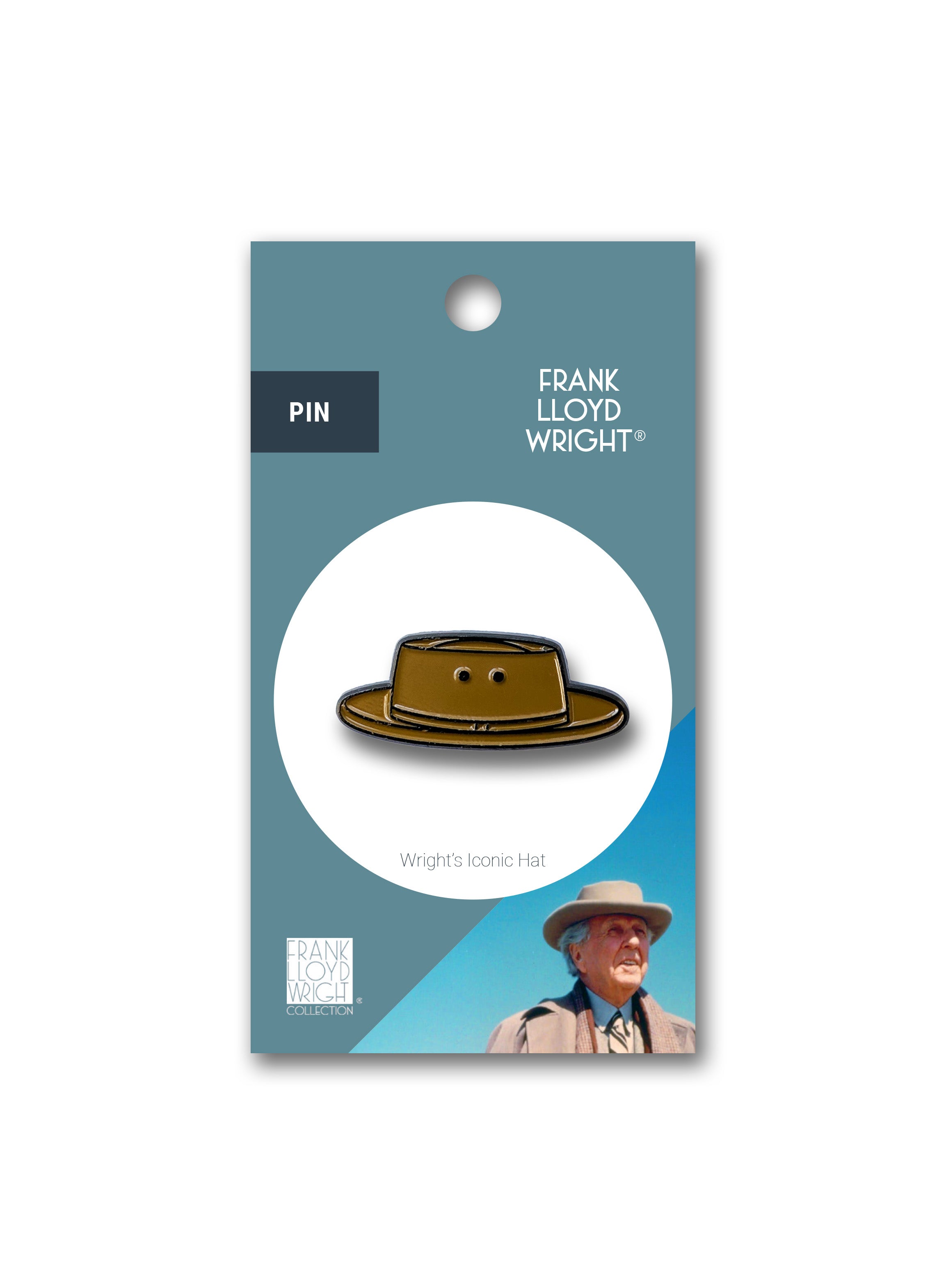 Pin with a design of Frank Lloyd Wright's hat on a blue and white card.