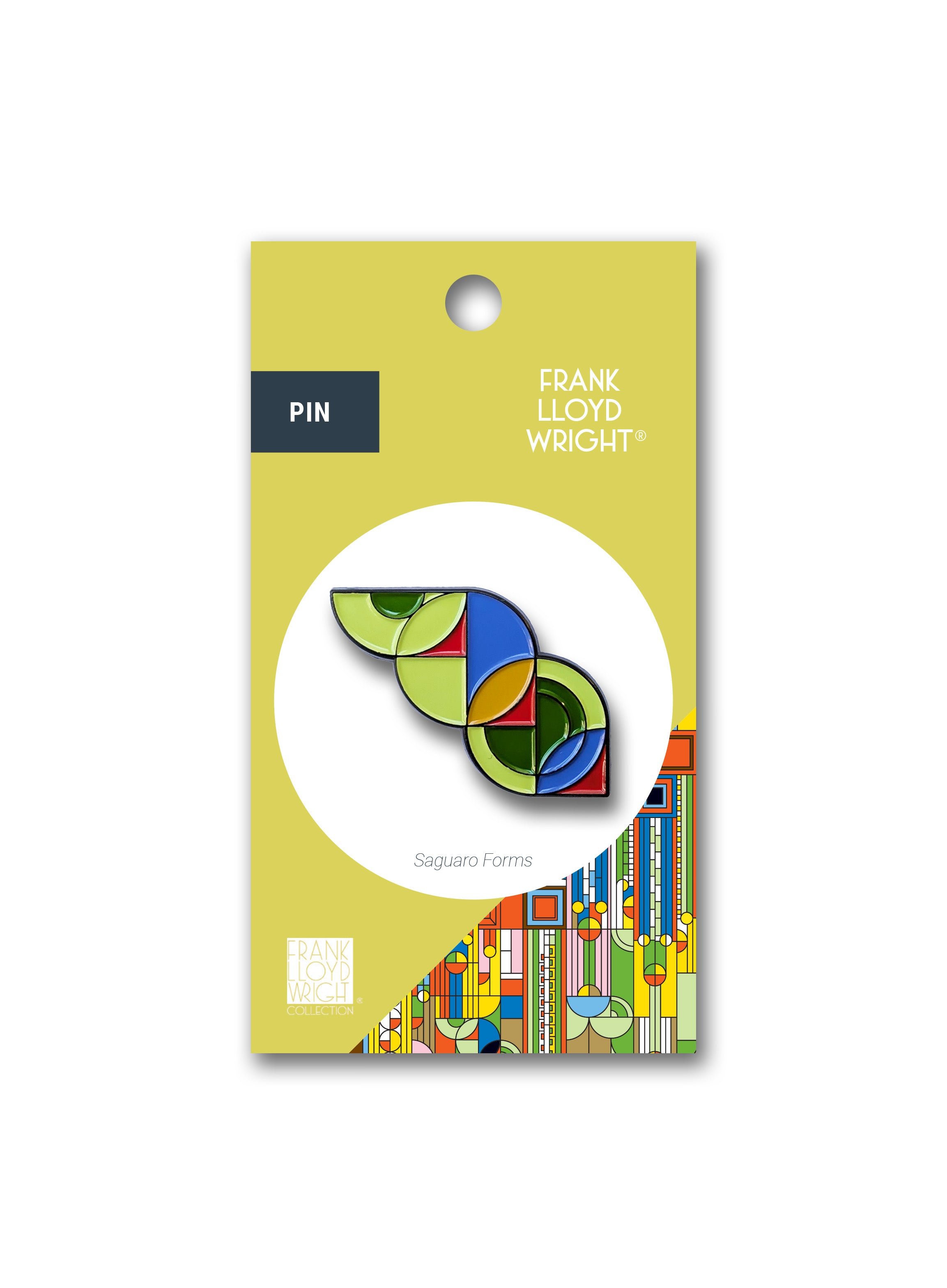 Colorful geometric pin on a yellow card with Frank Lloyd Wright branding