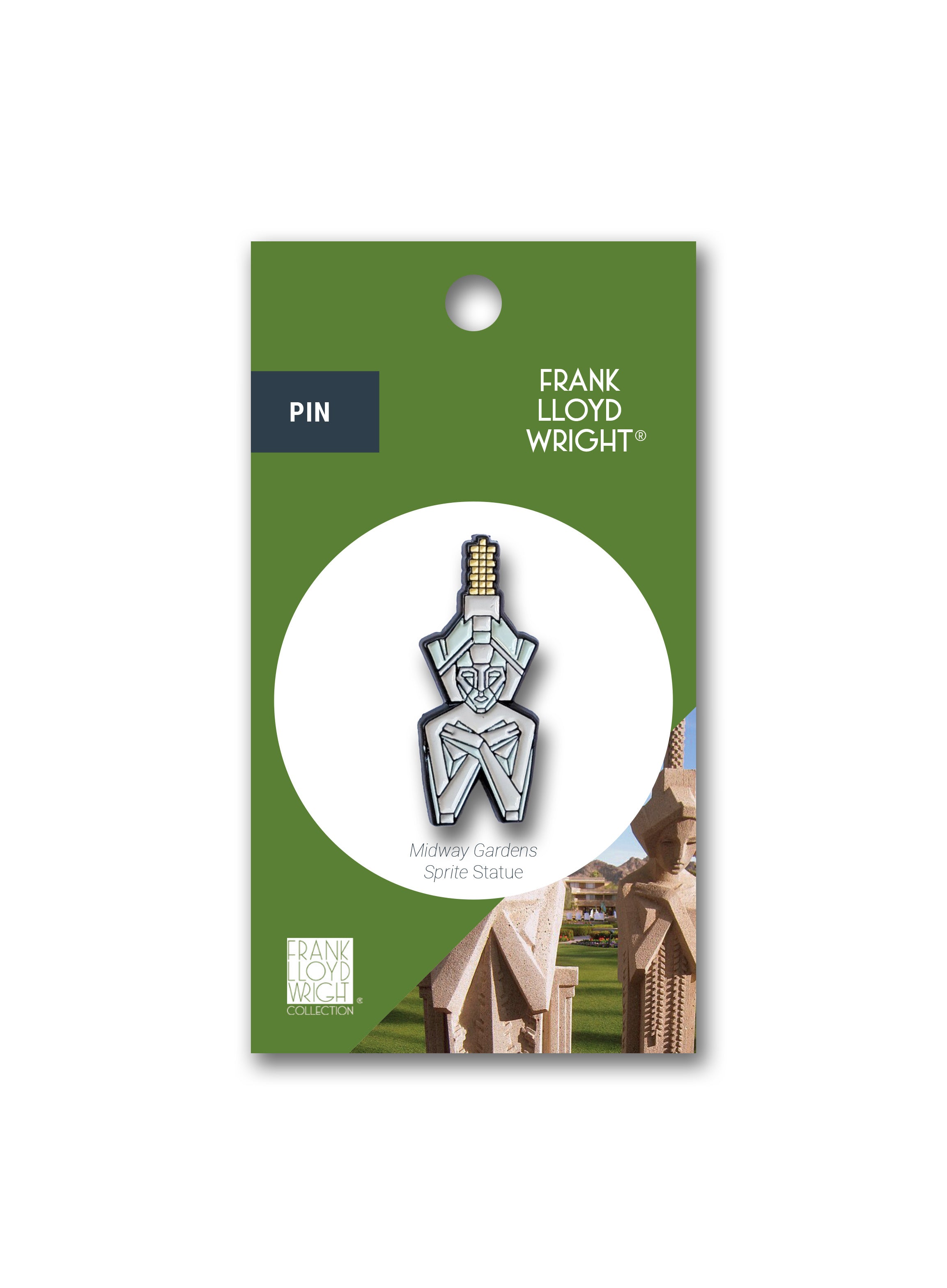 Pin with Frank Lloyd Wright design on a green packaging