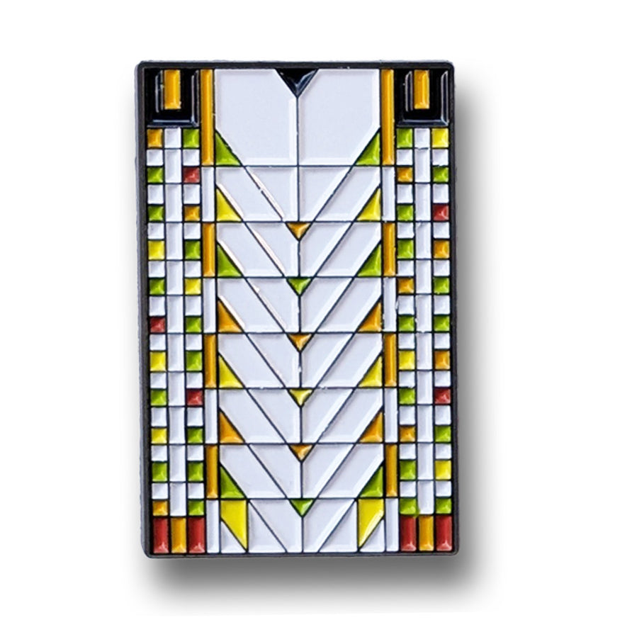 Rectangular stained glass designed pin with geometric pattern on a white background