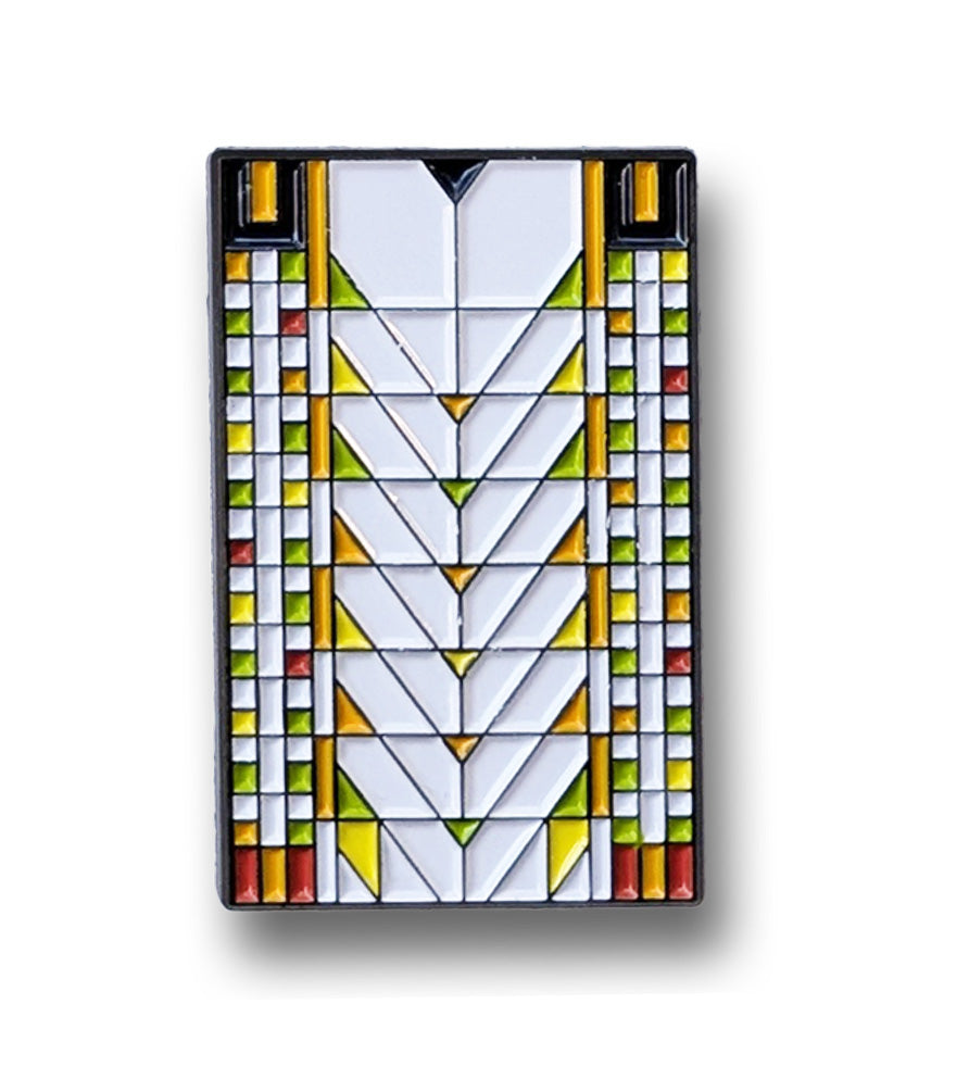 Rectangular stained glass designed pin with geometric pattern on a white background