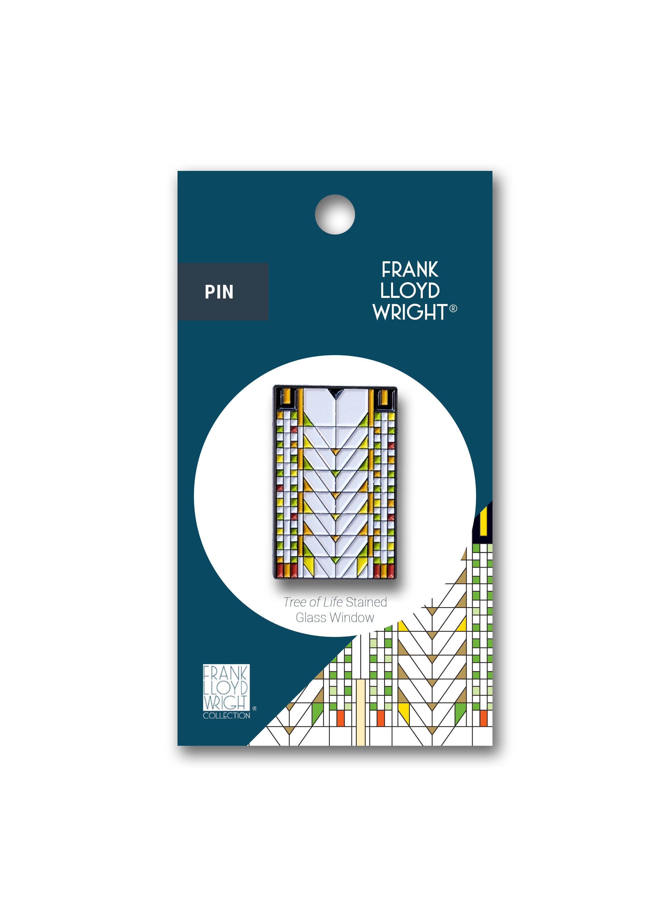 Pin packaging with Frank Lloyd Wright design on a white background