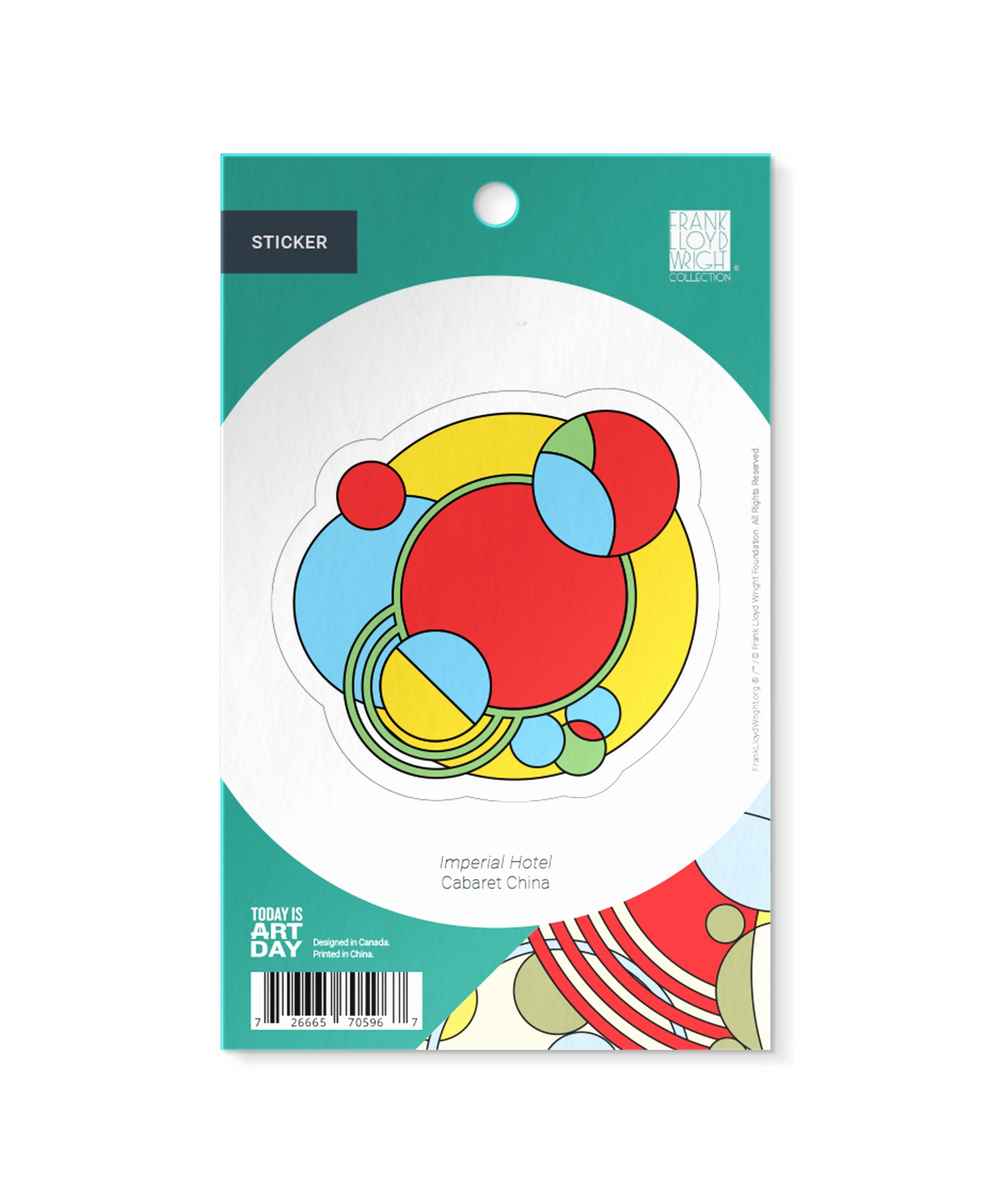 Packaged sticker with colorful geometric design on a green background