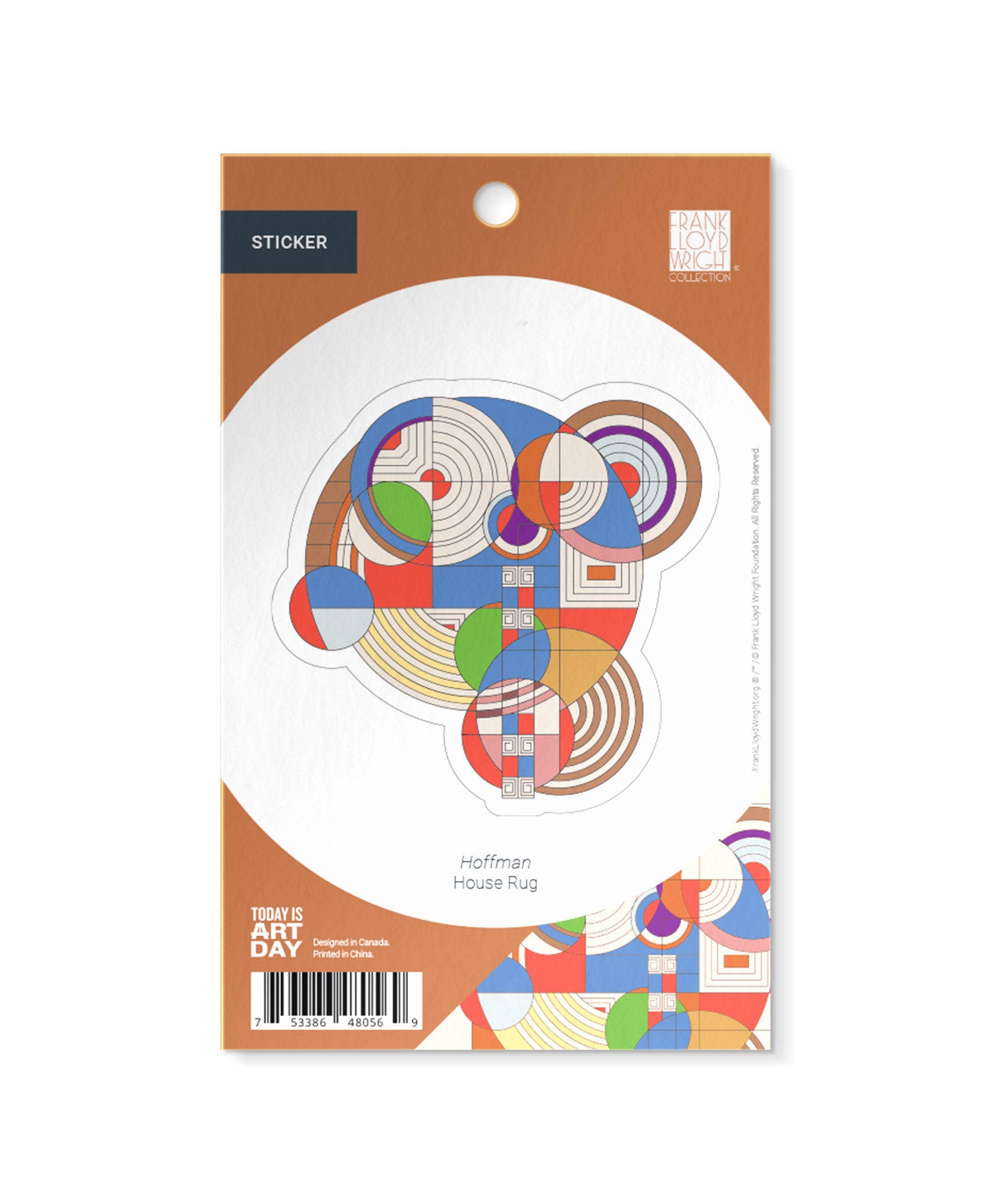 Packaged sticker with colorful geometric design on a white background