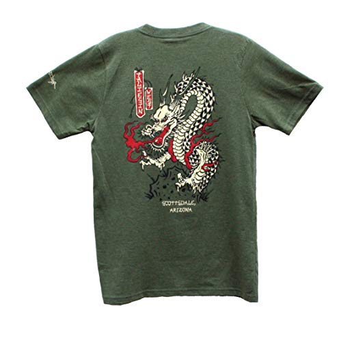 Image shows green T-shirt with dragon design on back, which has red, black, and off-white accents.