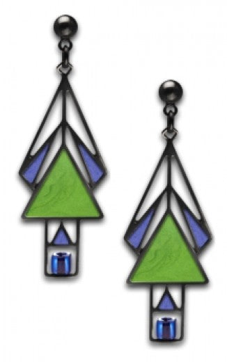 Mahony Window Earrings, spring green and royal blue accents with sapphire blue beads