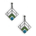 Walser Chevron Design  Earrings, green enamel with blue beads