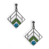 Walser Chevron Design Earrings, green enamel with blue beads