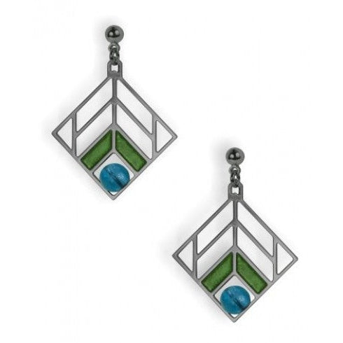 Walser Chevron Design Earrings, green enamel with blue beads