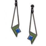 Dana Thomas Art Glass Earrings, green enamel accent with blue beads