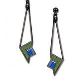 Dana Thomas Art Glass Earrings, green enamel accent with blue beads