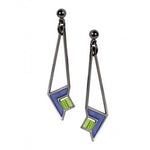 Dana Thomas Art Glass Earrings, blue enamel accent with green beads