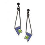 Dana Thomas Art Glass Earrings, blue enamel accent with green beads