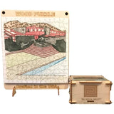 Taliesin West Wood Puzzle, completed puzzle shown with side of puzzle box.