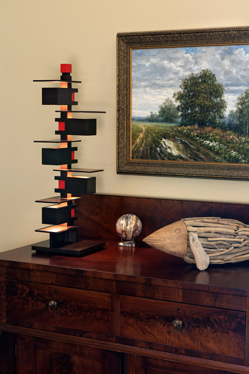 Taliesin 3 Lamp, walnut stain, in home setting