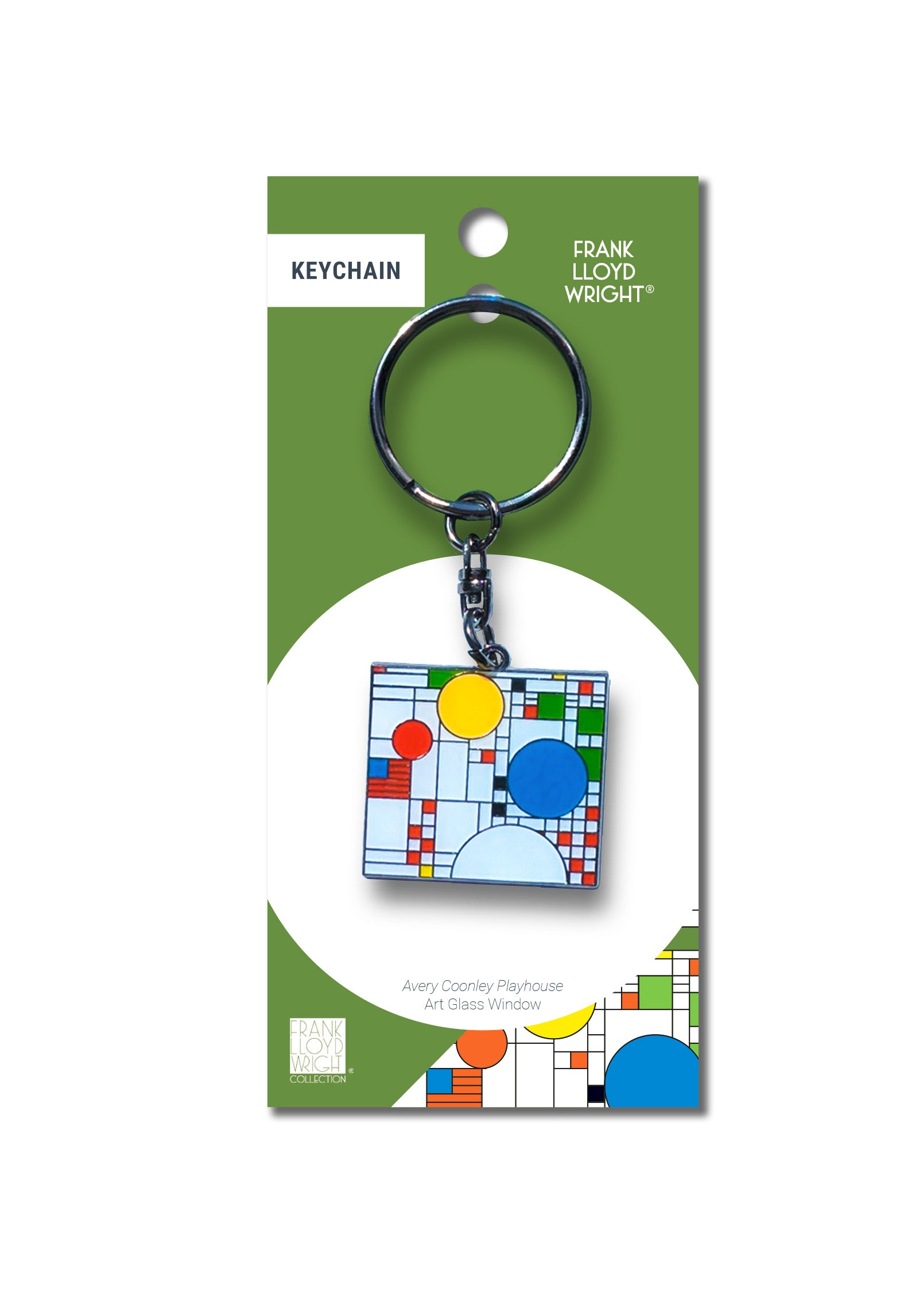 Keychain with colorful design on a green and white packaging