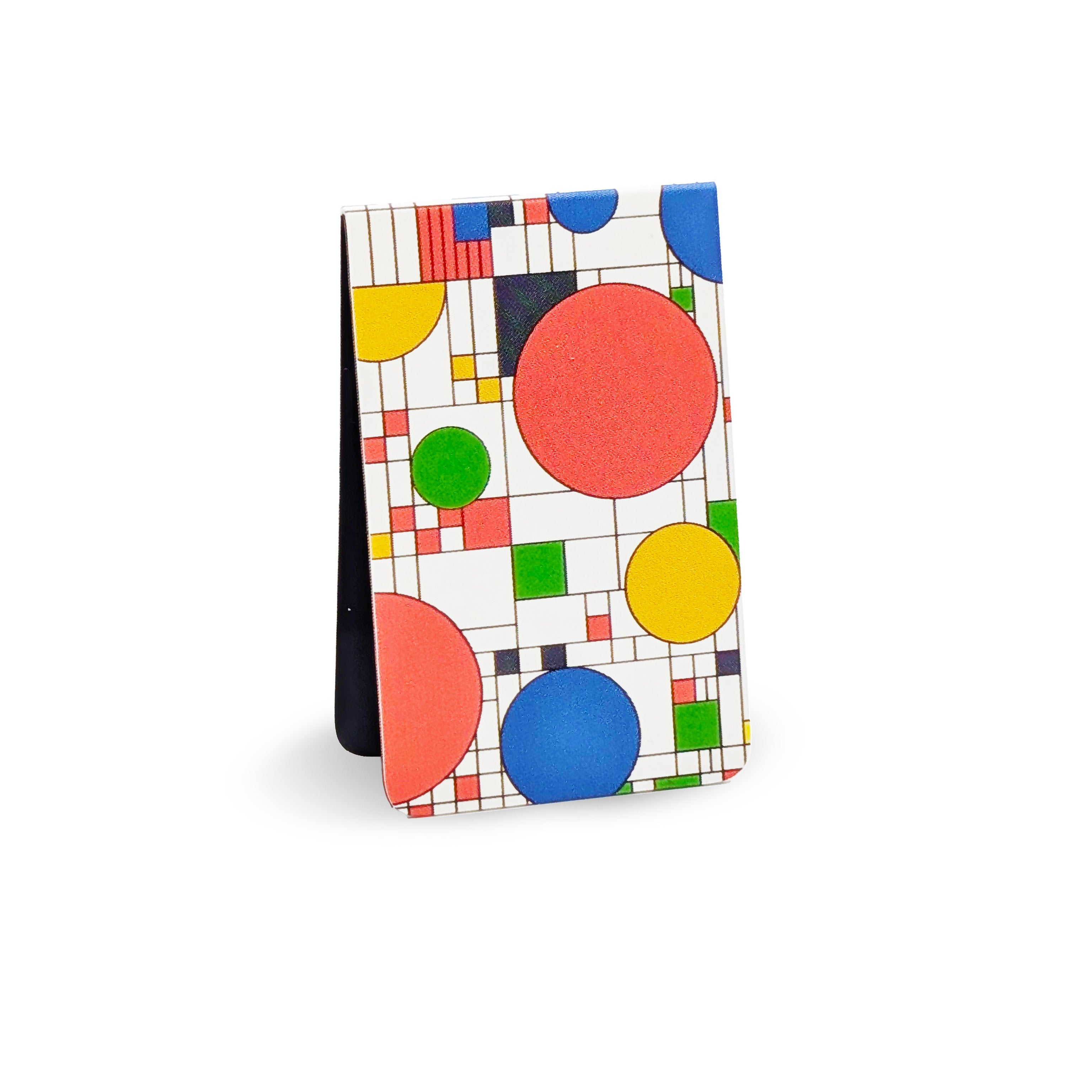 Colorful geometric patterned magnetic bookmark on a white background