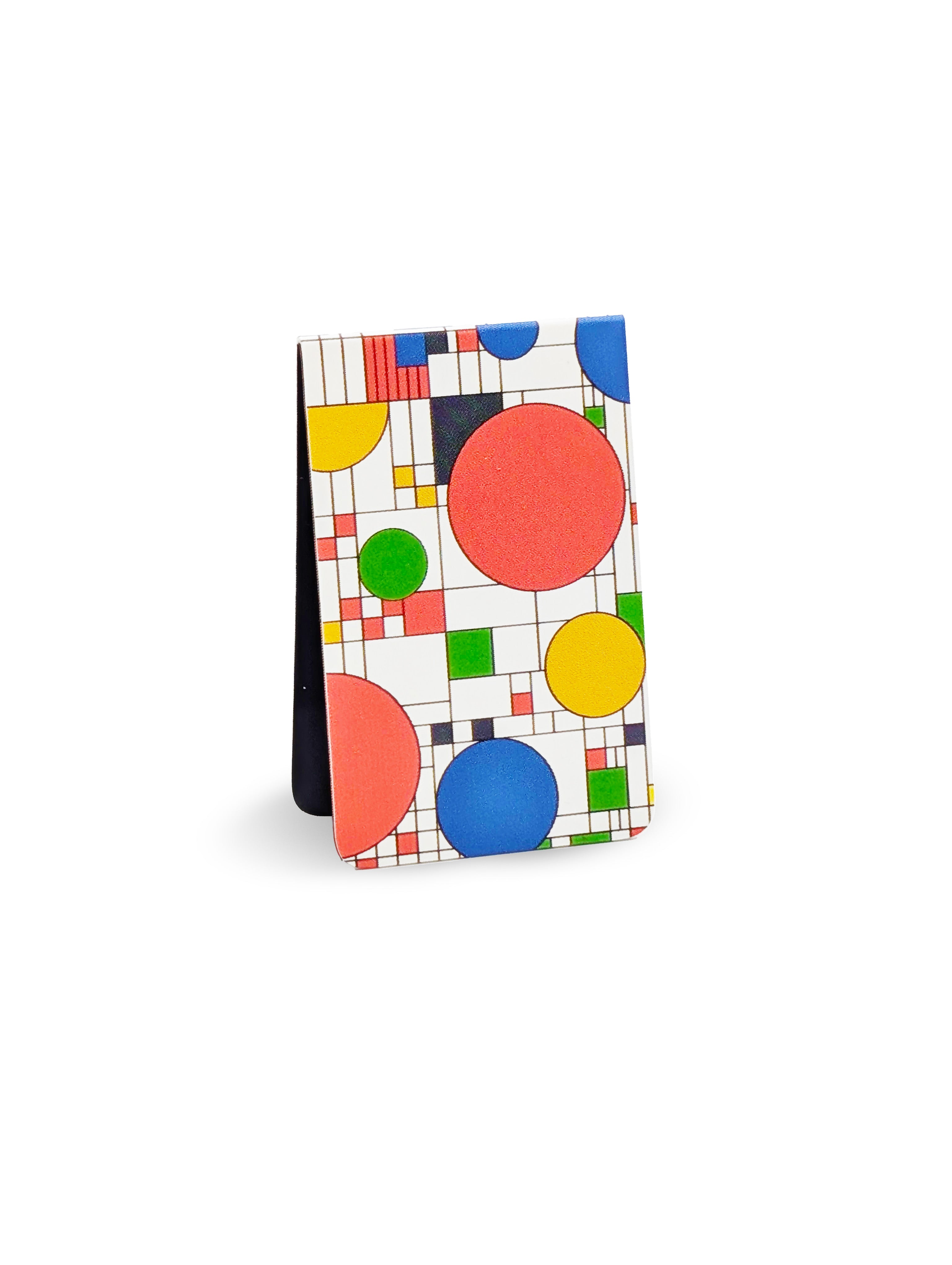 Colorful geometric patterned magnetic bookmark on a white background