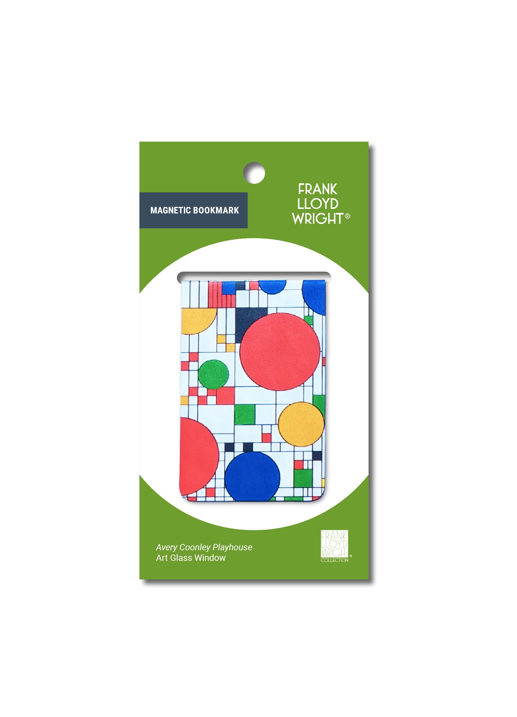Magnetic bookmark packaging with colorful design on a green background