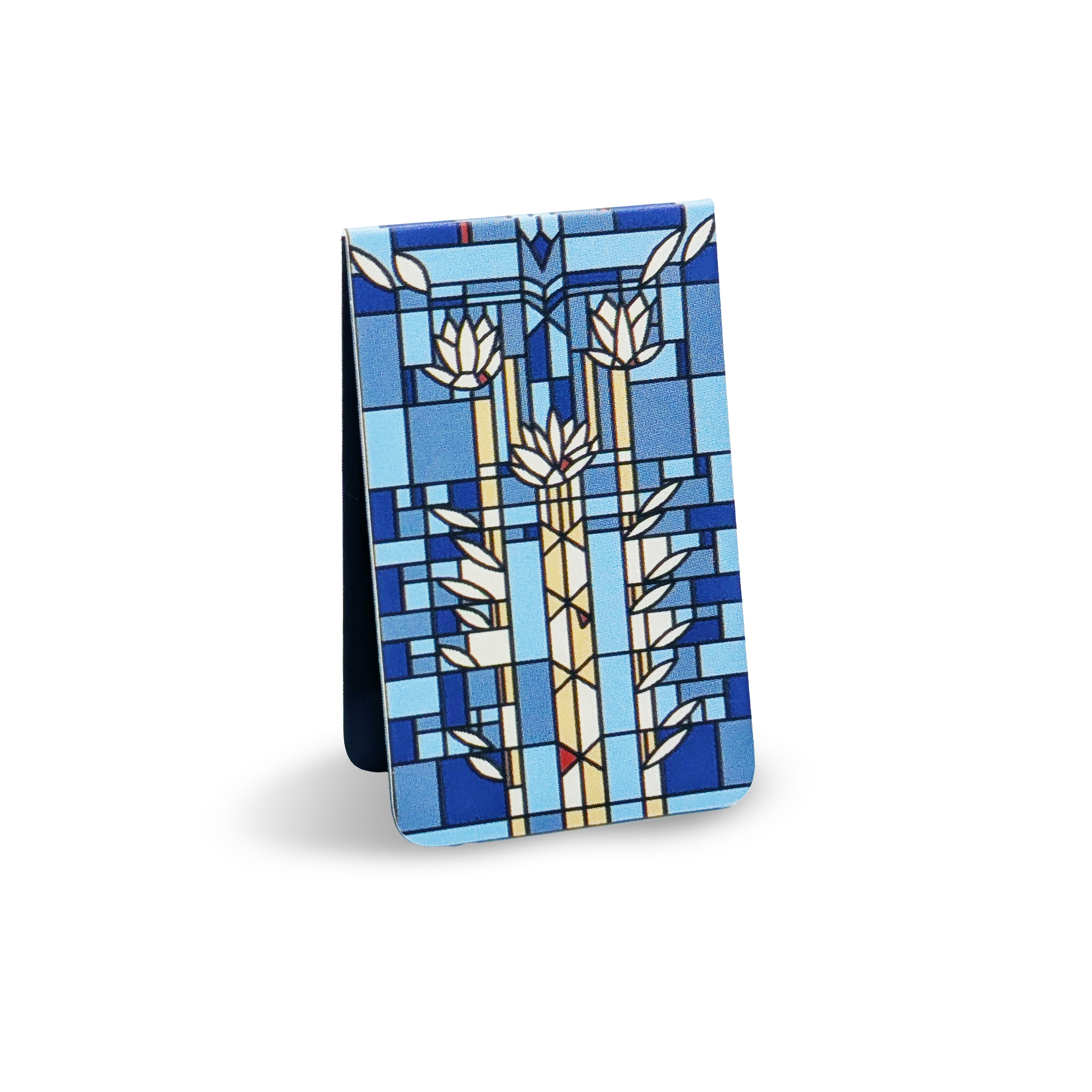 Blue and white patterned magnetic bookmark on a white background
