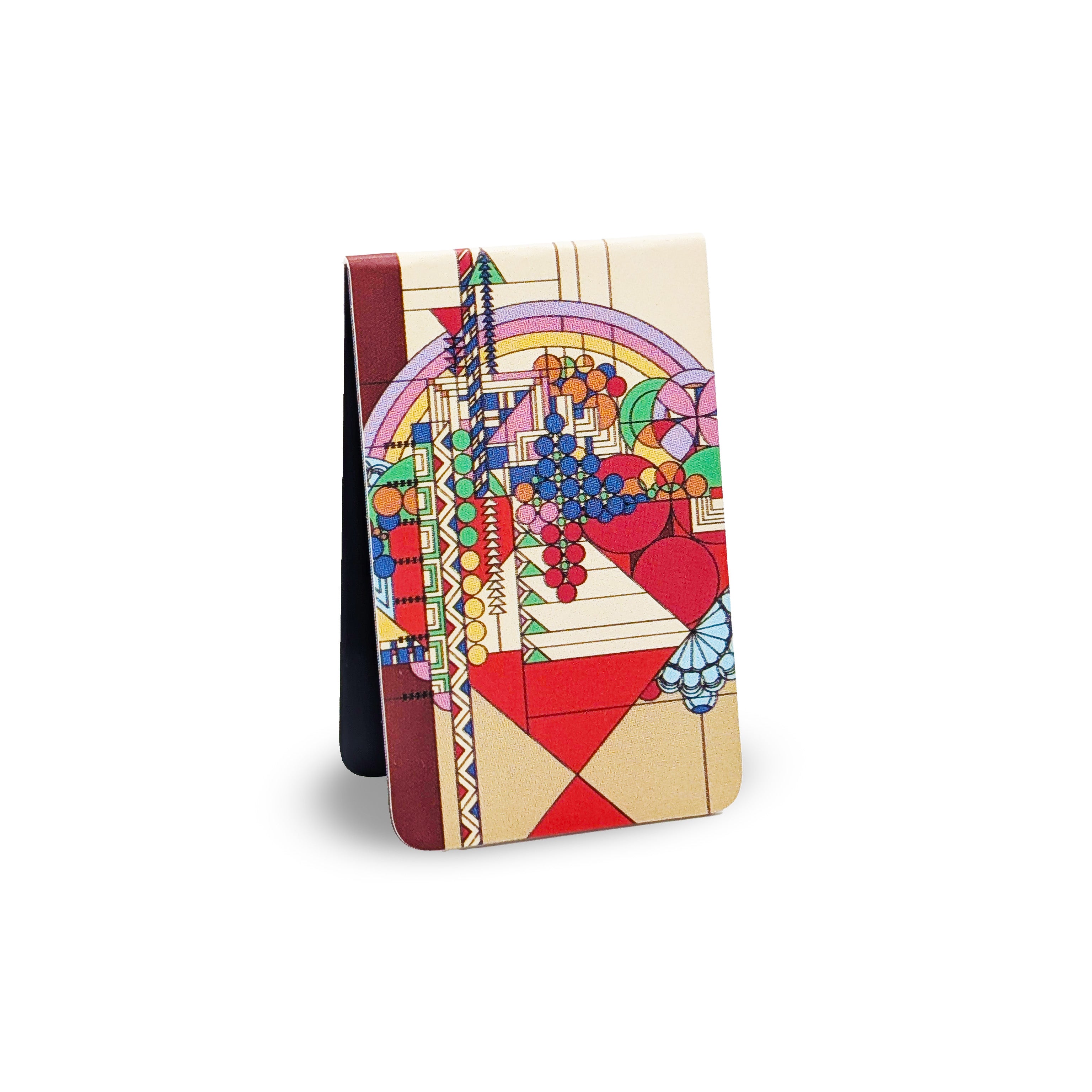 Colorful magnetic bookmark with artistic design on a white background