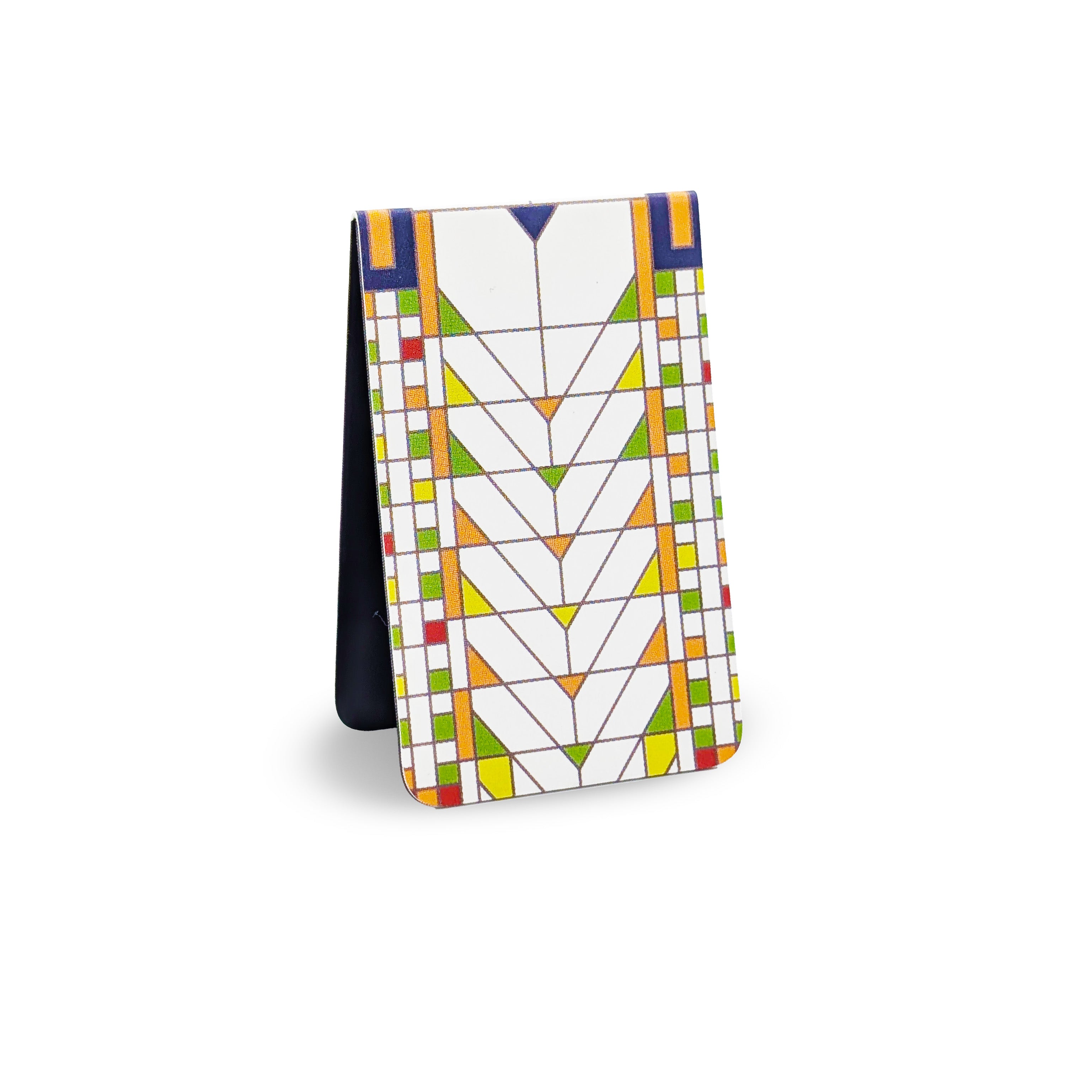 Colorful geometric patterned magnetic bookmark on a white background