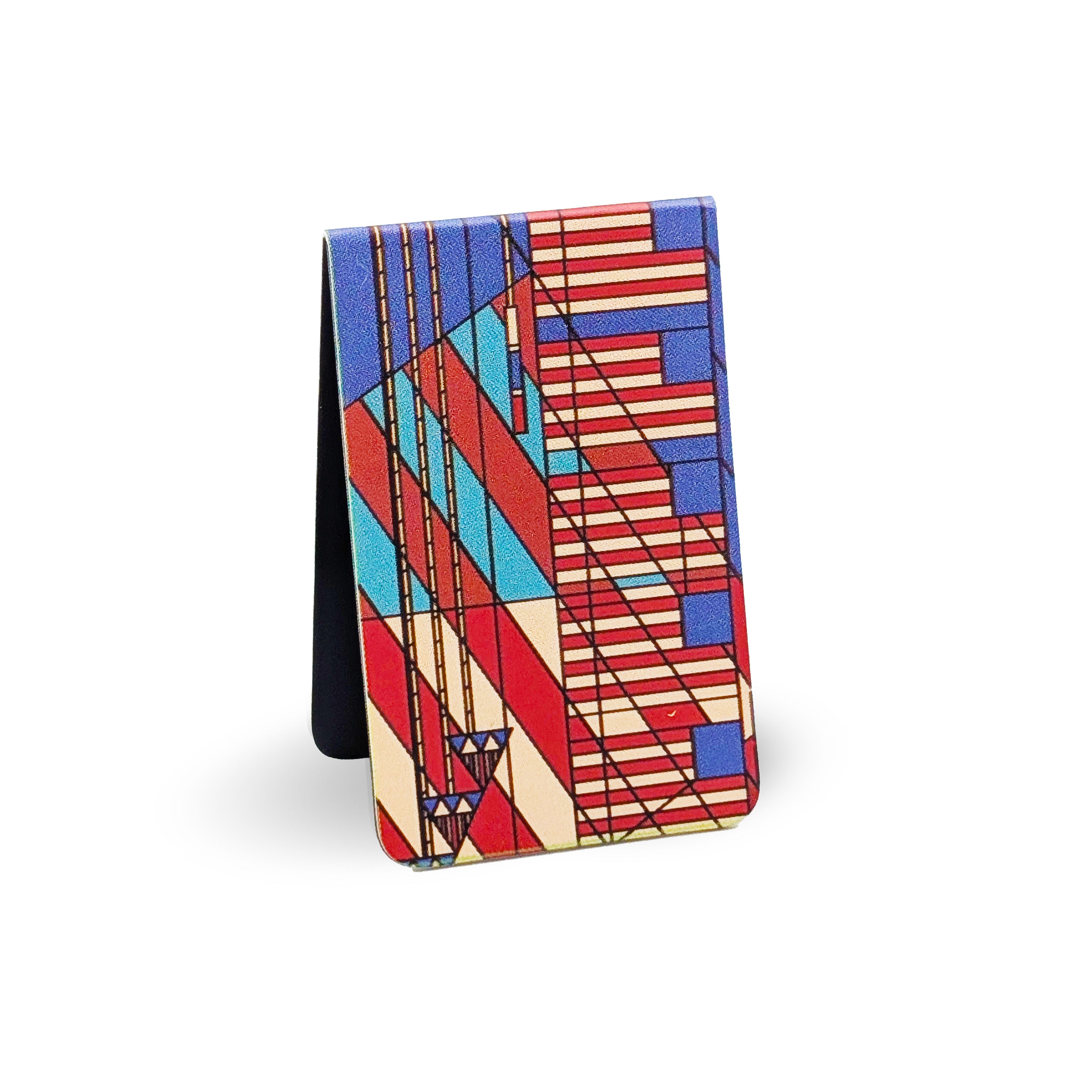 Colorful geometric patterned magnetic bookmark on a white background