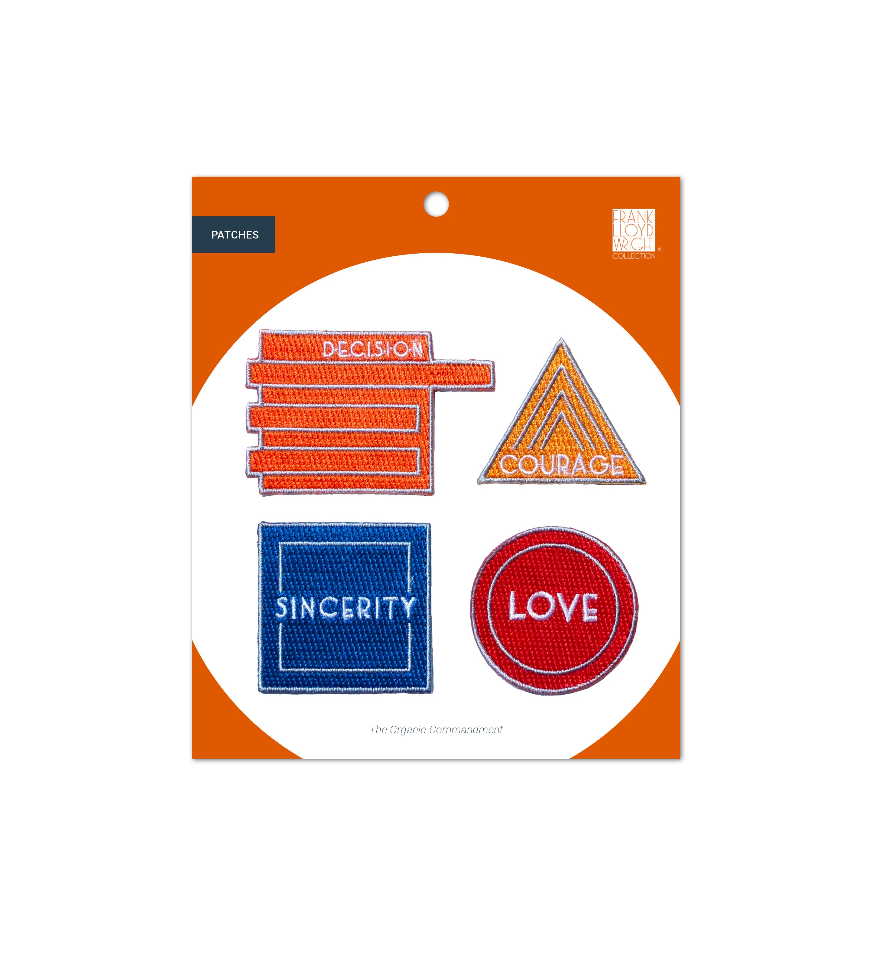 Set of patches with motivational phrases on a white and orange packaging
