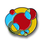 Pin with colorful circular design on a white background