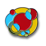 Pin with colorful circular design on a white background
