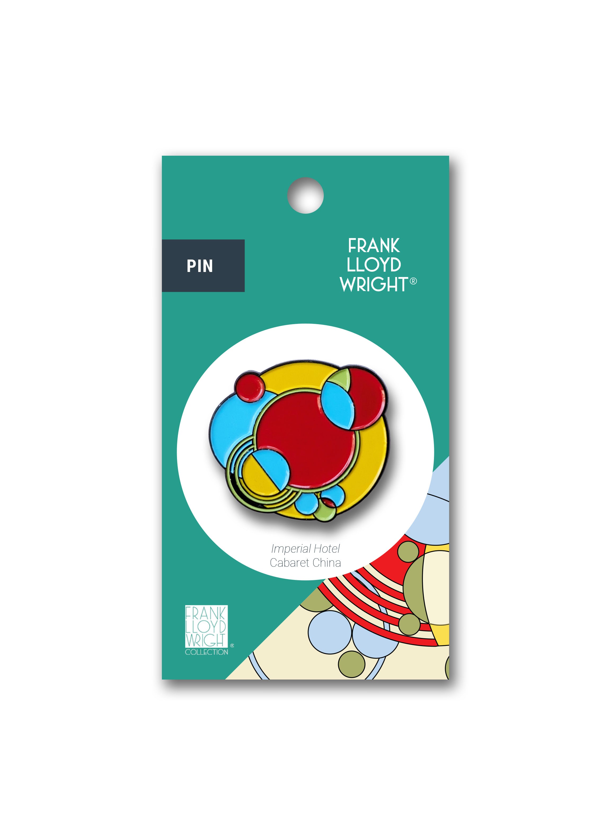 Colorful pin on a Frank Lloyd Wright branded packaging
