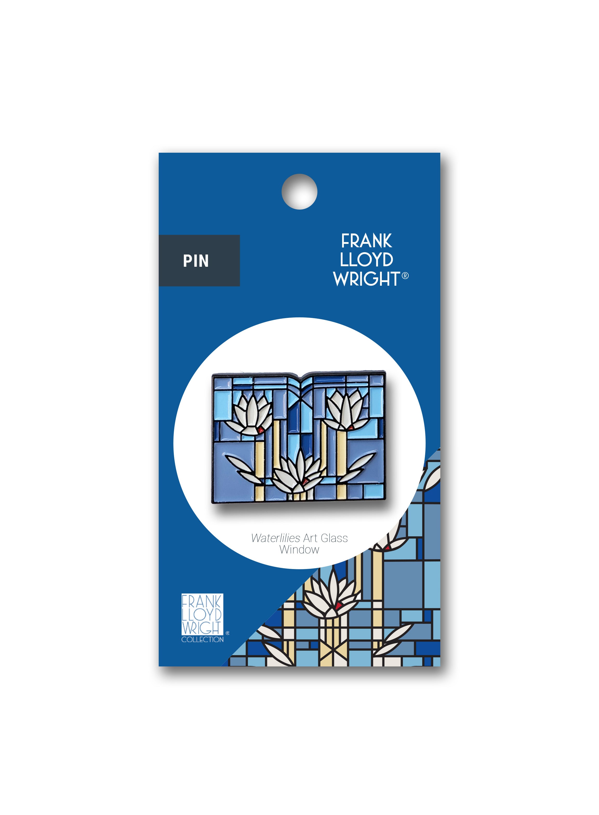 Pin with Frank Lloyd Wright design on a blue packaging