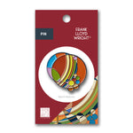 Colorful pin in packaging with Frank Lloyd Wright branding on a white background