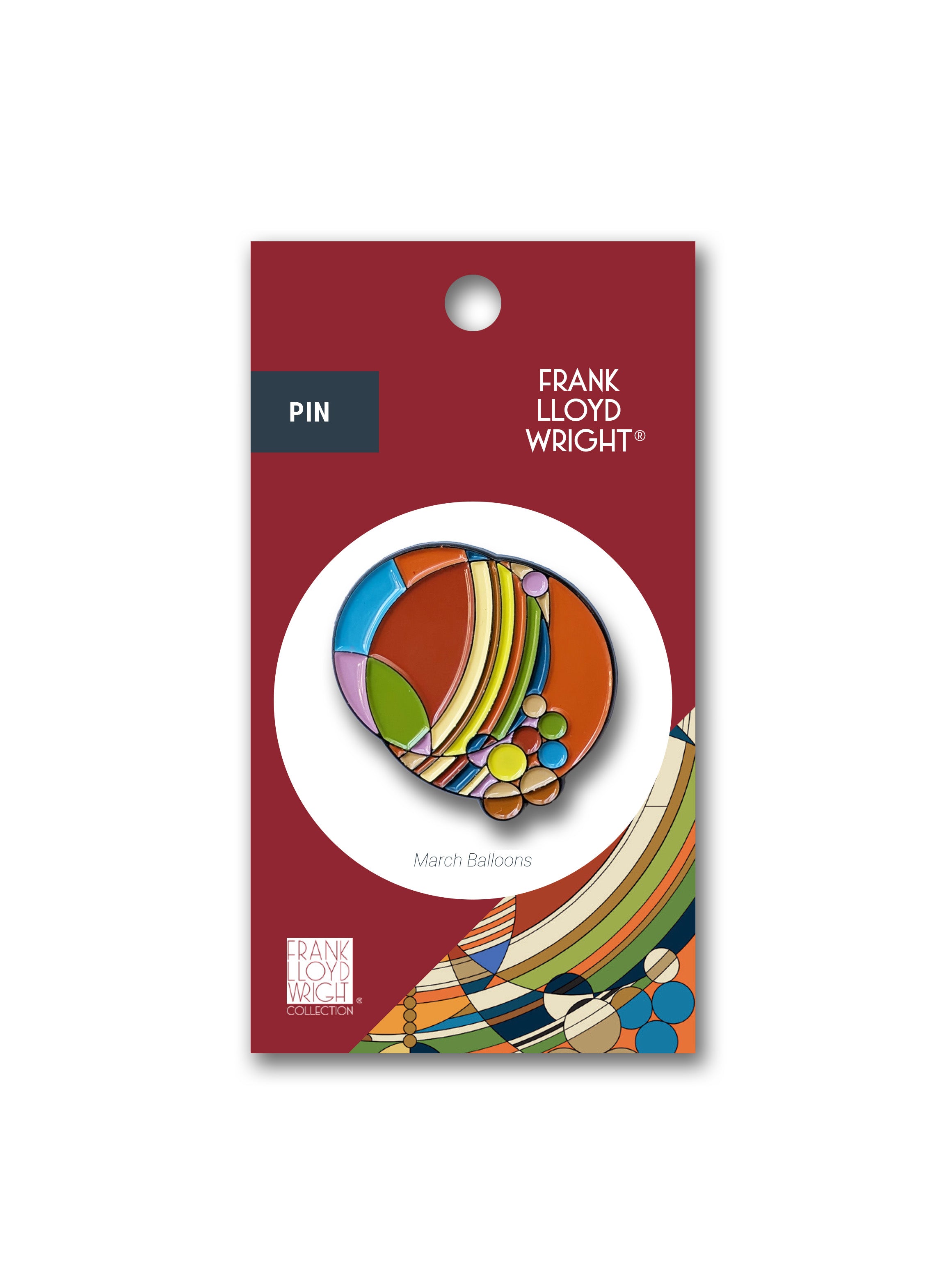 Colorful pin in packaging with Frank Lloyd Wright branding on a white background