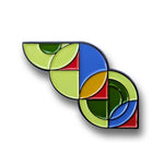 Pin with colorful geometric design on a white background