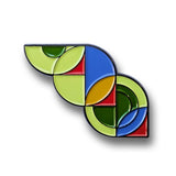 Pin with colorful geometric design on a white background