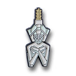 Pin of geometric statue with a white background